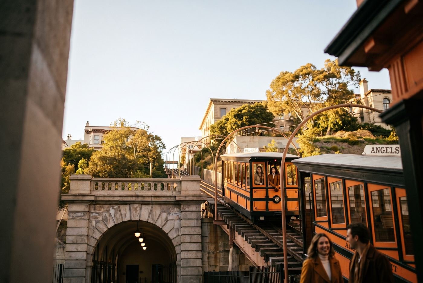 AI-generated editorial view inspired by Angels Flight Railway in Bunker Hill, Downtown Los Angeles.