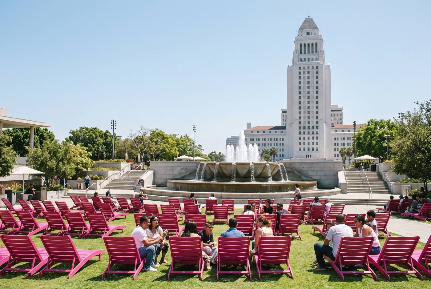 AI-generated editorial view inspired by Gloria Molina Grand Park in Civic Center, Downtown Los Angeles.