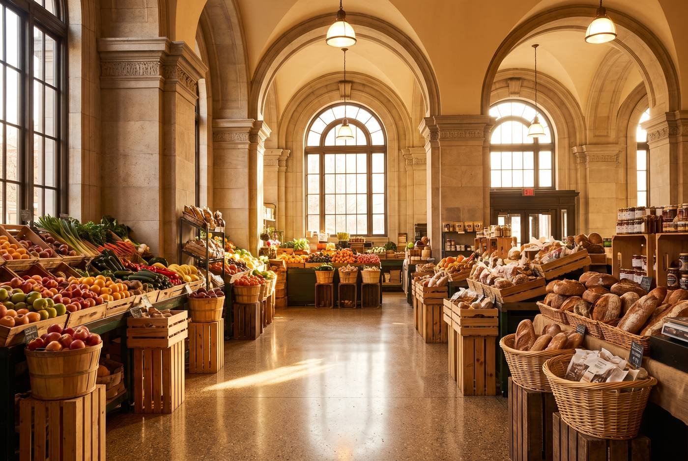 AI-generated editorial illustration representing a public market in Historic Core, Downtown Los Angeles.