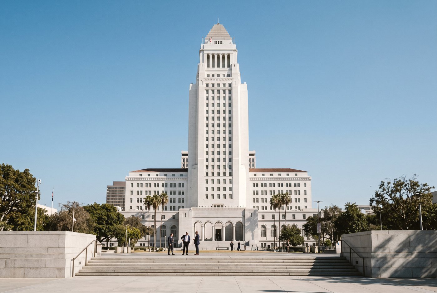 AI-generated editorial view inspired by Los Angeles City Hall in Civic Center, Downtown Los Angeles.